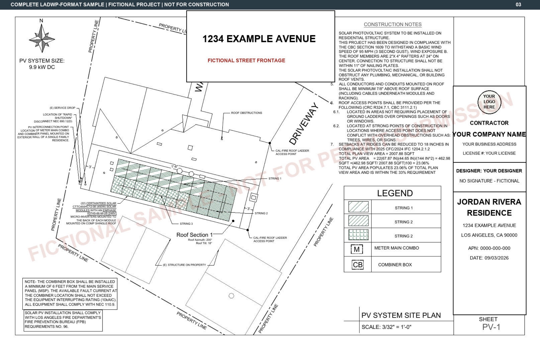 Fictional Los Angeles PV-1 site plan showing the measured structure outline, roof-mounted solar array, equipment locations, plan north, notes, and title block